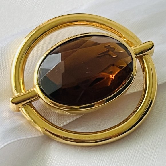 Vintage Luxurious 18K Gold Plated Large Faceted Smoky Topaz Glass Round Brooch - Picture 5 of 7
